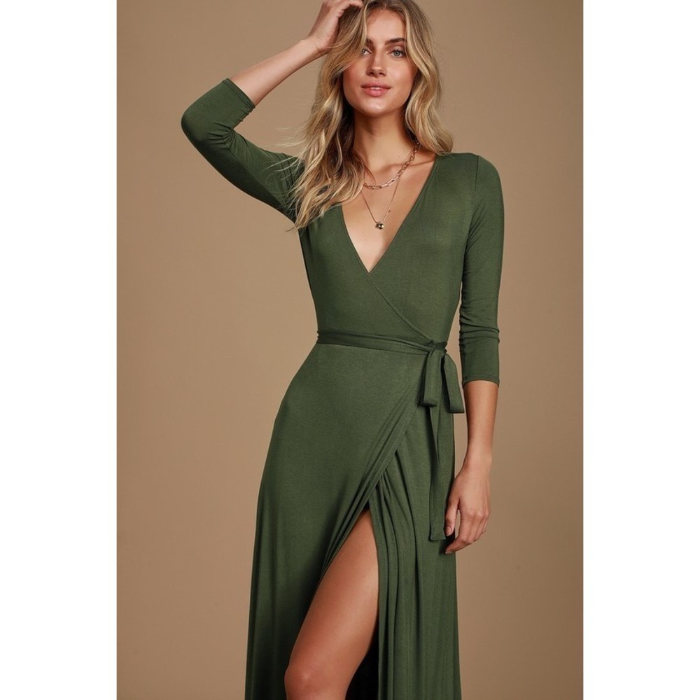 Lulus Garden District Olive Green Wrap Maxi Dress - Size M